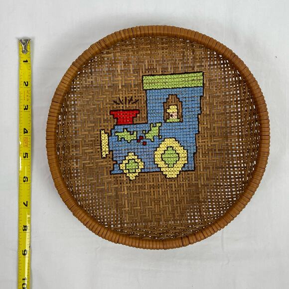 Handcrafted Cross Stitch Needlepoint Train Wicker Basket Bowl Decor Catchall - Picture 5 of 5